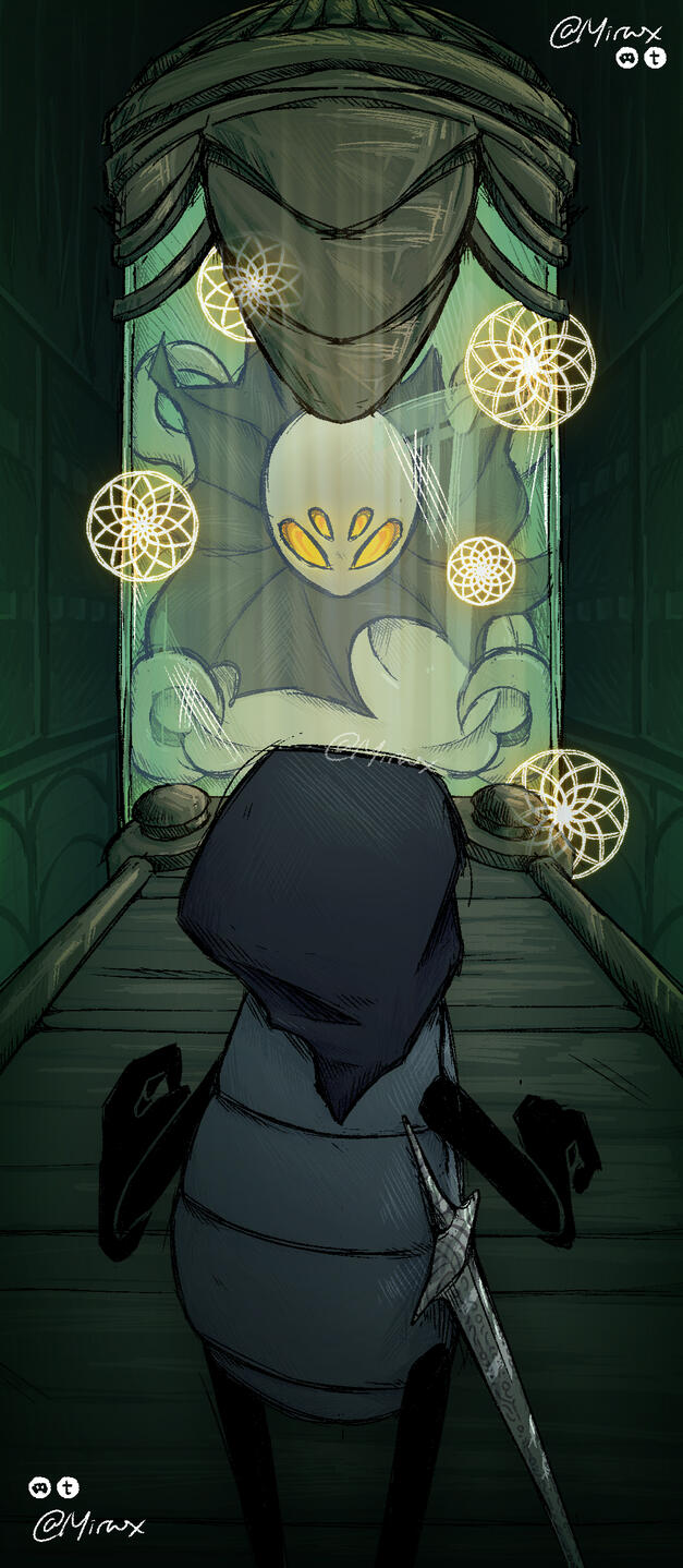 Quirrel faces Monomon in her tank, she appears as a spirit with swirling golden eyes and essence floating around her. Very, very green. References a scene from Stag Beetles and Broken Legs on AO3